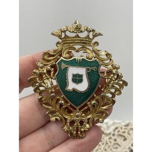 Vintage Heraldic Medallion Brooch, Coat of Arms Crown Armored Guards Gold Tone